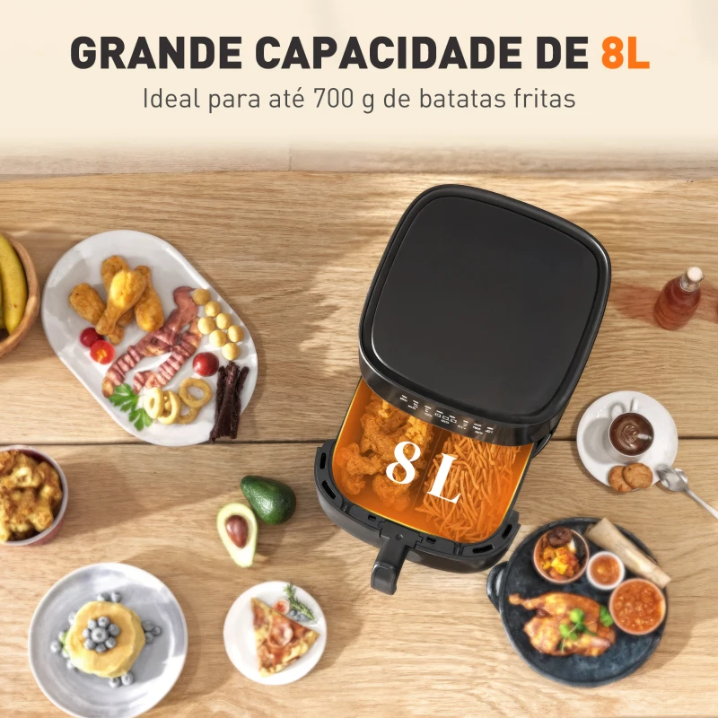 HOMCOM Fritadeira sem Óleo 8 L Air Fryer 1700 W com Temperatura Regulável 80-200°C 8 Programas Painel Tátil Temporizador 32,5x41x32 cm Preto