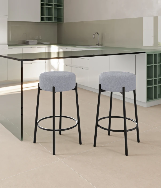 STONES Set 2 scaune de bar din țesătură gri deschis cu picioare metalice negre 41cm X 41cm H. 67cm