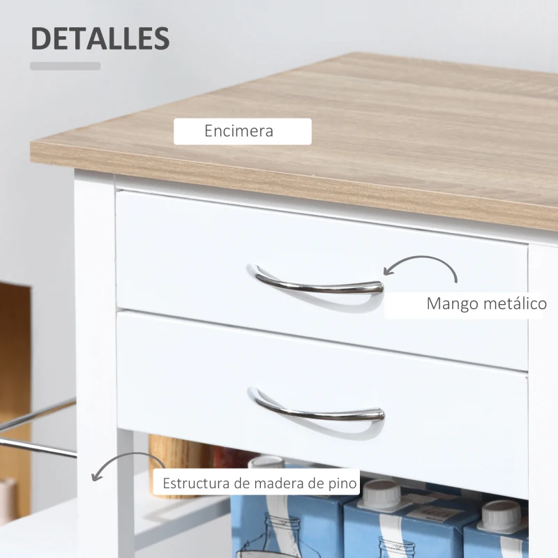 HOMCOM Carrito de Cocina Carro de Servicio Multifuncional con Cajones Cestas Estantes para Especias Toallero Ruedas 92x37x82 cm Blanco(m-6)