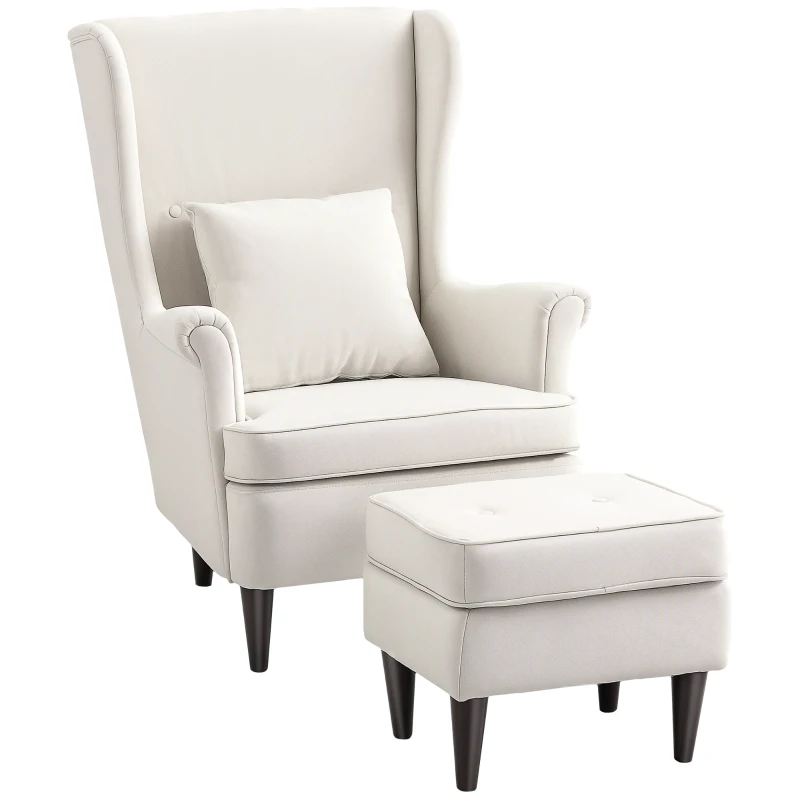 HOMCOM Sillón con Reposapiés Respaldo Alto Capitoné Patas de Madera Almohada Acolchada y Tapizado en Lino Beige