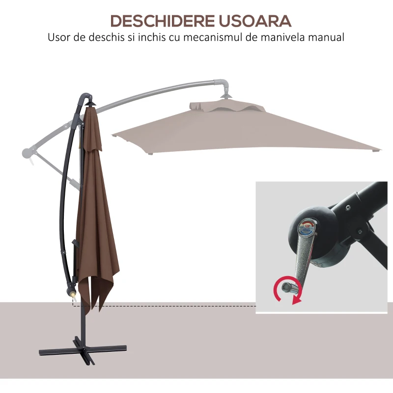 Outsunny Umbrelă Suspendată cu Orificii de Ventilaţie, Bază în Cruce şi Manivelă, 3x2 m, Maro