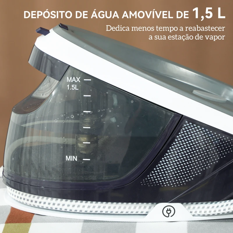 HOMCOM Ferro com Caldeira 2600W 100 g/min 8 Bares Função ECO Base de Cerâmica Desligamento Automático Sistema Anticalcário Autolimpeza Depósito Removível 1,5 L 37x19,8x24 cm Azul