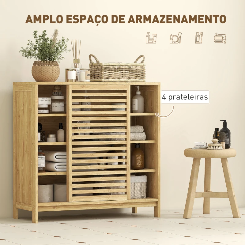 HOMCOM Armário de Casa de Banho em Bambu com 2 Portas de Correr Desenho com Ripas 4 Prateleiras Móvel Auxiliar de Arrumação 80x34x80 cm Madeira