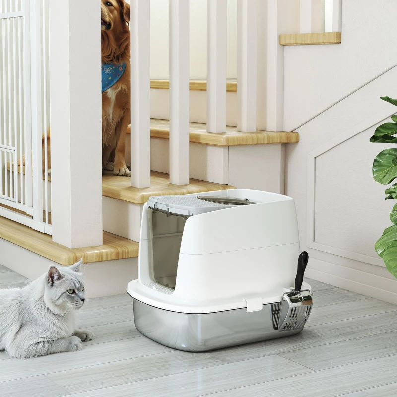 PawHut Roestvrijstalen kattenbak, gesloten kattenbak met schep, geurzak, ingang en uitgang(m-9)