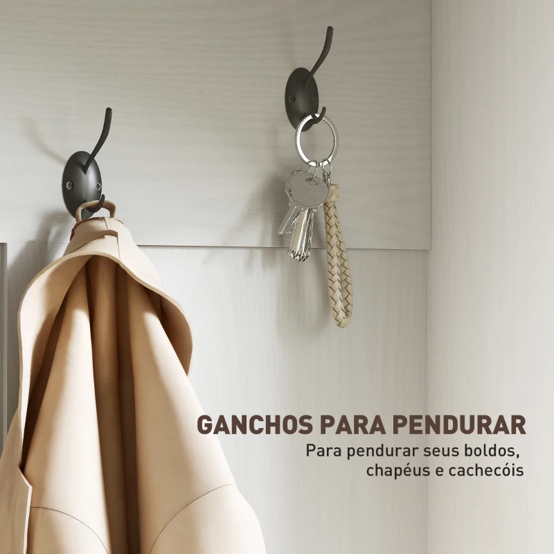 HOMCOM Móvel Cabide de Entrada com Banco Sapateira 5 Ganchos 3 Prateleiras Armário e Compartimentos Estilo Rústico 105x40x180 cm Branco