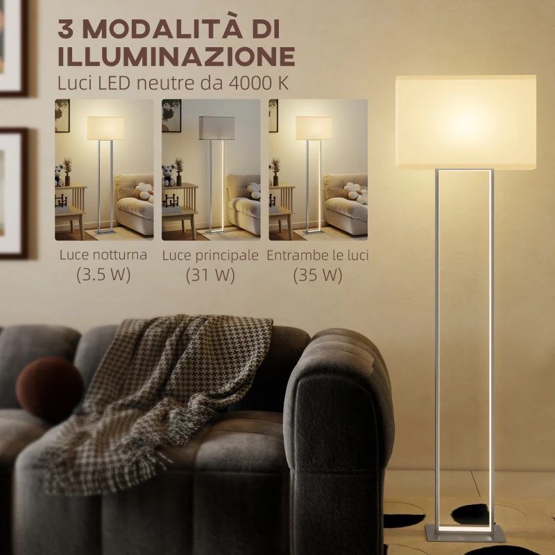HOMCOM Lampada da Terra da 150 cm con 3 Modalità, Luminosità Regolabile e Interruttore a Pedale, Bianco