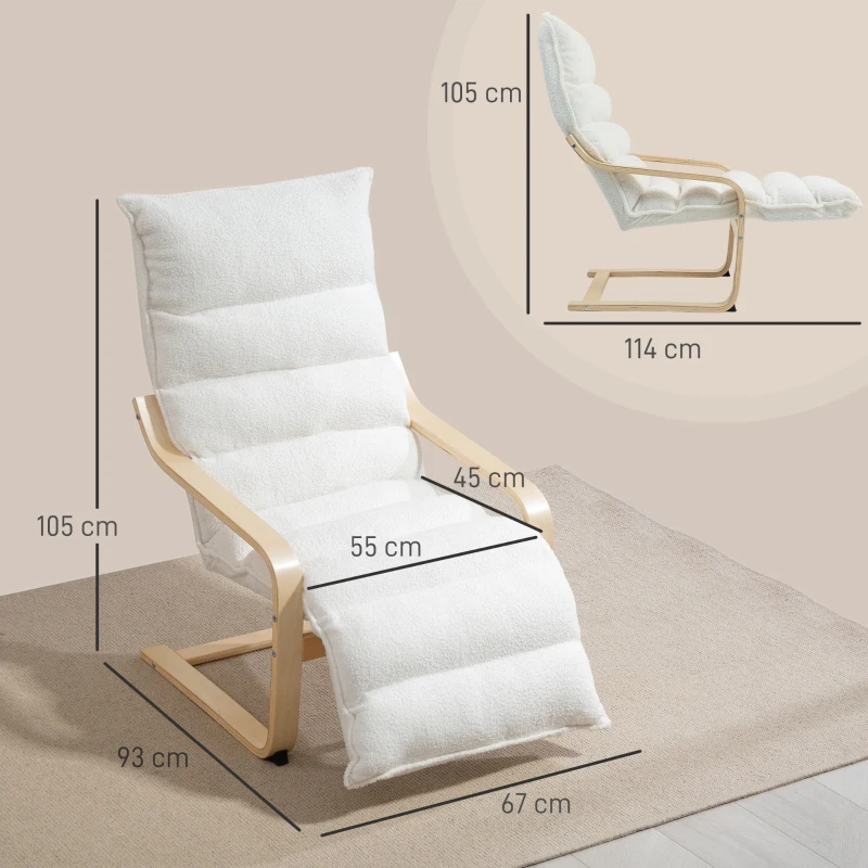 HOMCOM Lounge-Sessel aus Birkenholz, Polstersessel, verstellbare Fußstütze, Weiß(m-3)