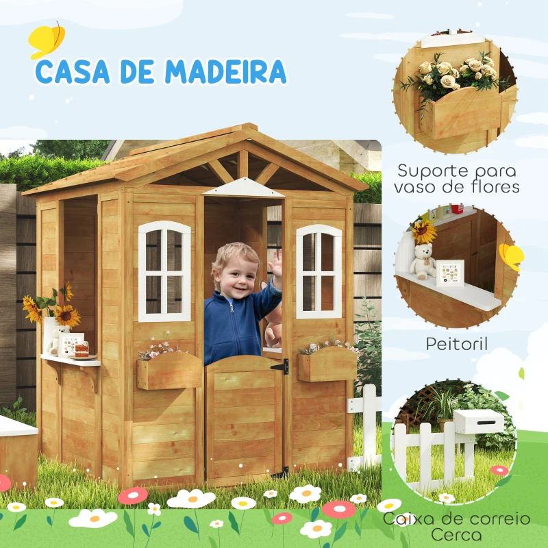 Outsunny Casa de Madeira para Crianças com Caixa de Correios Banco e Floreira 205x119x140 cm Madeira e Branco