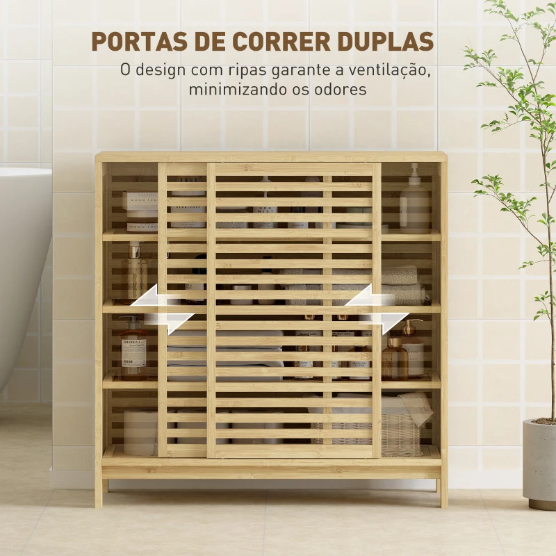 HOMCOM Armário de Casa de Banho em Bambu com 2 Portas de Correr Desenho com Ripas 4 Prateleiras Móvel Auxiliar de Arrumação 80x34x80 cm Madeira
