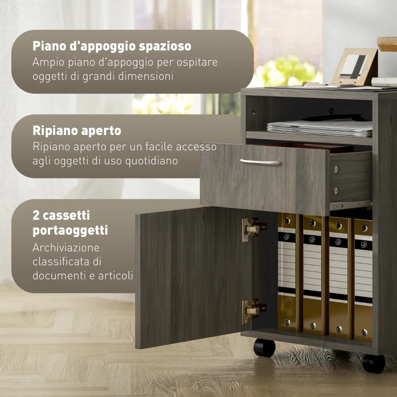 HOMCOM Cassettiera Portadocumenti a 4 Ruote con Ripiano Aperto e Cassetti, in Legno e Metallo, 40x35x60 cm, Grigio