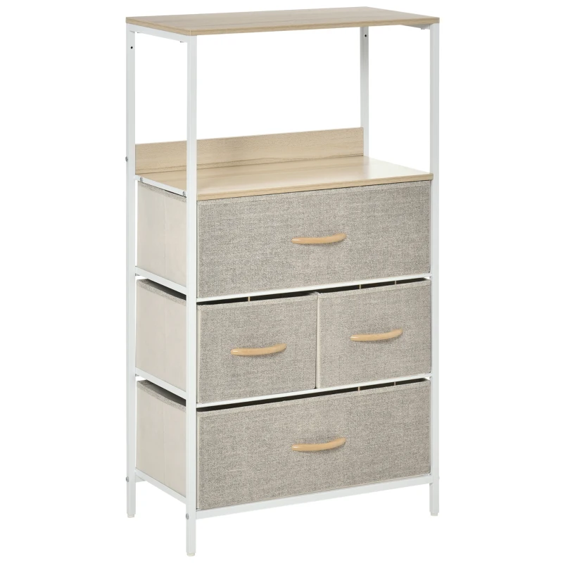 HOMCOM Cómoda com 4 Gavetas Dobráveis e Prateleira Aberta Cómoda com Gavetas de Tecido Anti-Tombo 58x29x103cm Madeira e Cinza Claro