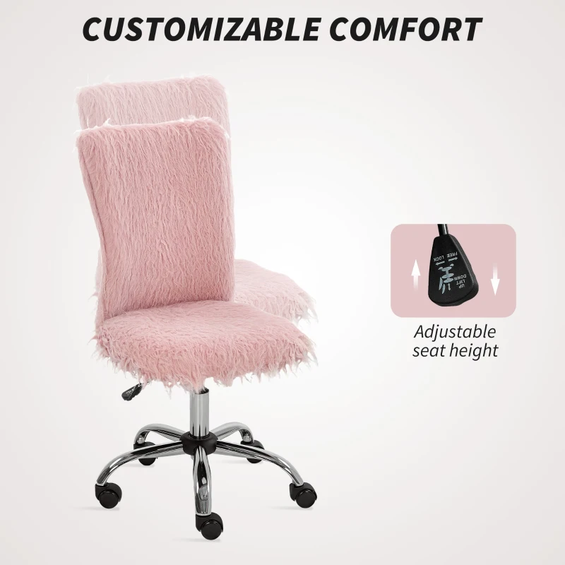 HOMCOM Plush Office Desk Chair, Modern Armless Swivel Vanity Chair with Adjustable Height for Home Office, Bedroom, Living Room, Pink