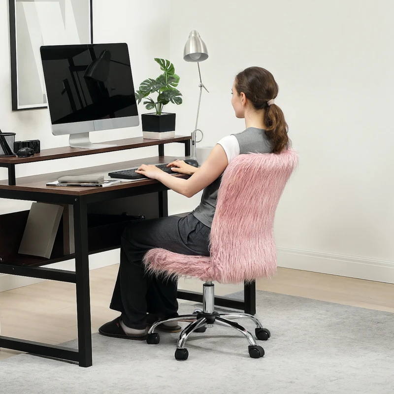 HOMCOM Plush Office Desk Chair, Modern Armless Swivel Vanity Chair with Adjustable Height for Home Office, Bedroom, Living Room, Pink
