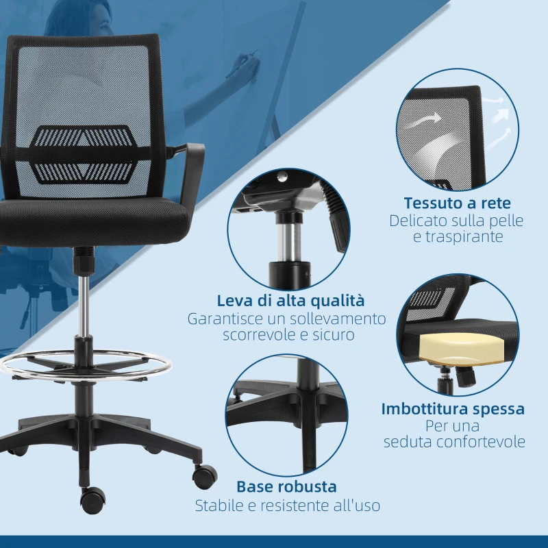 Vinsetto Sedia da Ufficio Regolabile in Tessuto a Rete con Braccioli e Anello Poggiapiedi, 64x59x104-124 cm, Nero