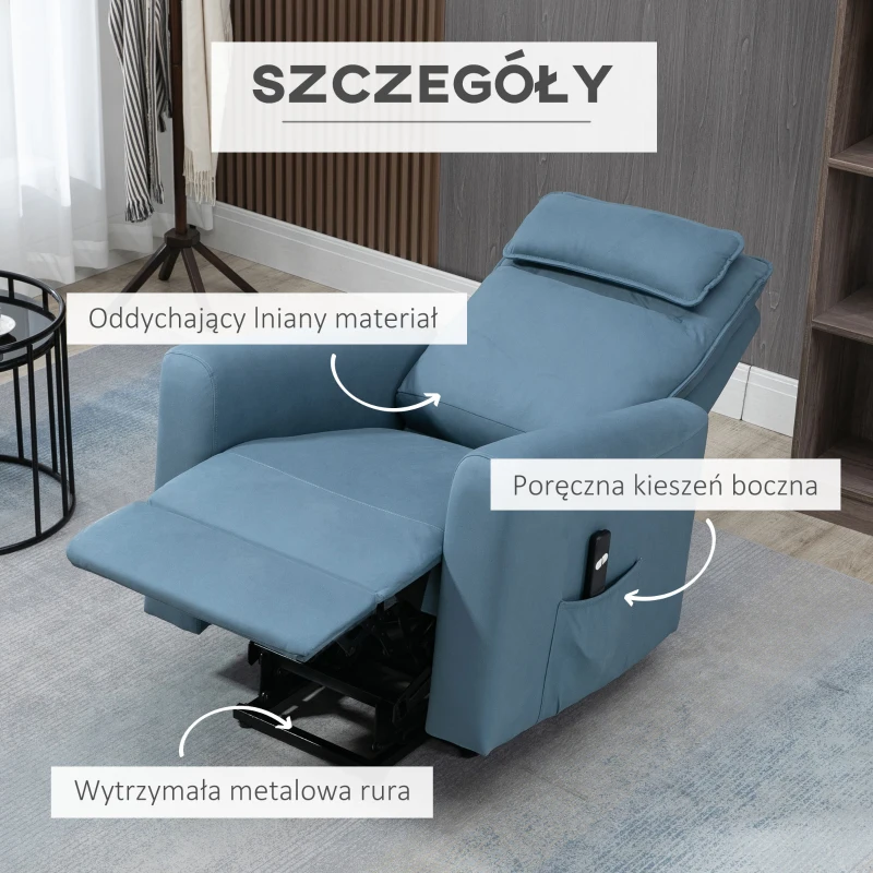 HOMCOM Fotel relaksacyjny z funkcją podnoszenia fotel telewizyjny, zintegrowany podnóżek, kieszeń boczna, pilot, 84 x 89,5 x 105 cm, Niebieski