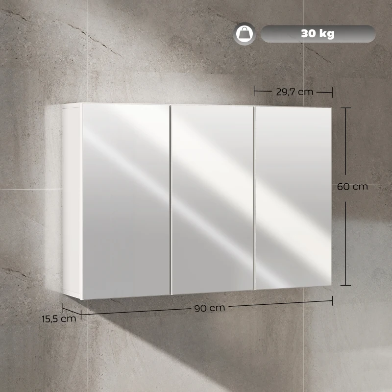 HOMCOM Szafa łazienkowa z lustrem, szafka z 3 lustrowanymi drzwiami, montaż na ścianie, 90 x 15,5 x 60 cm, płyta wiórowa, Biała