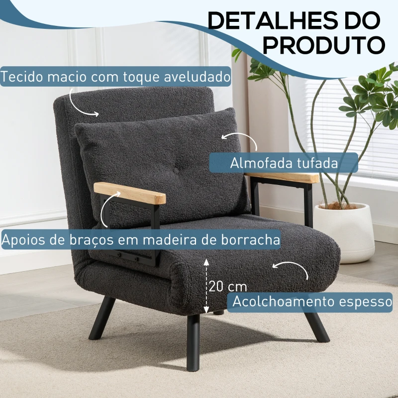 HOMCOM Poltrona Convertível em Cama Poltrona 3 em 1 Convertível em Cama com Encosto Ajustável em 5 Níveis 63x73x81 cm Cinza