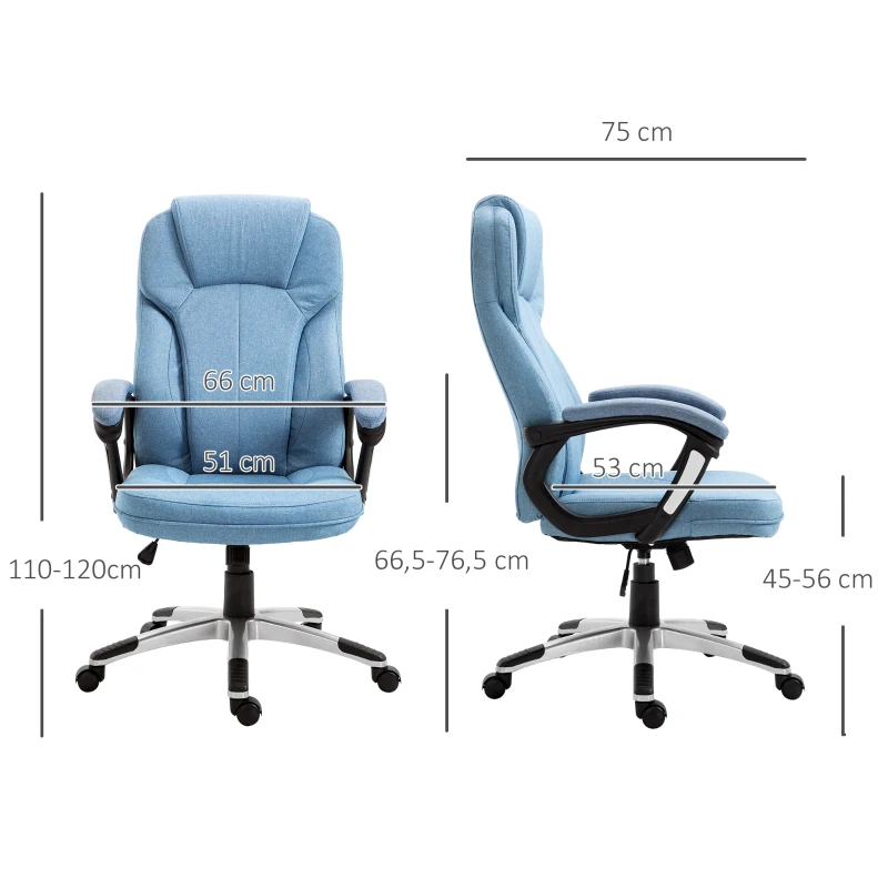 Vinsetto Silla de Oficina Giratoria Silla de Escritorio Ergonómica con Altura Ajustable Reposabrazos y Respaldo Alto Tapizado en Lino Ruedas 66x75x110-120 cm Azul Claro