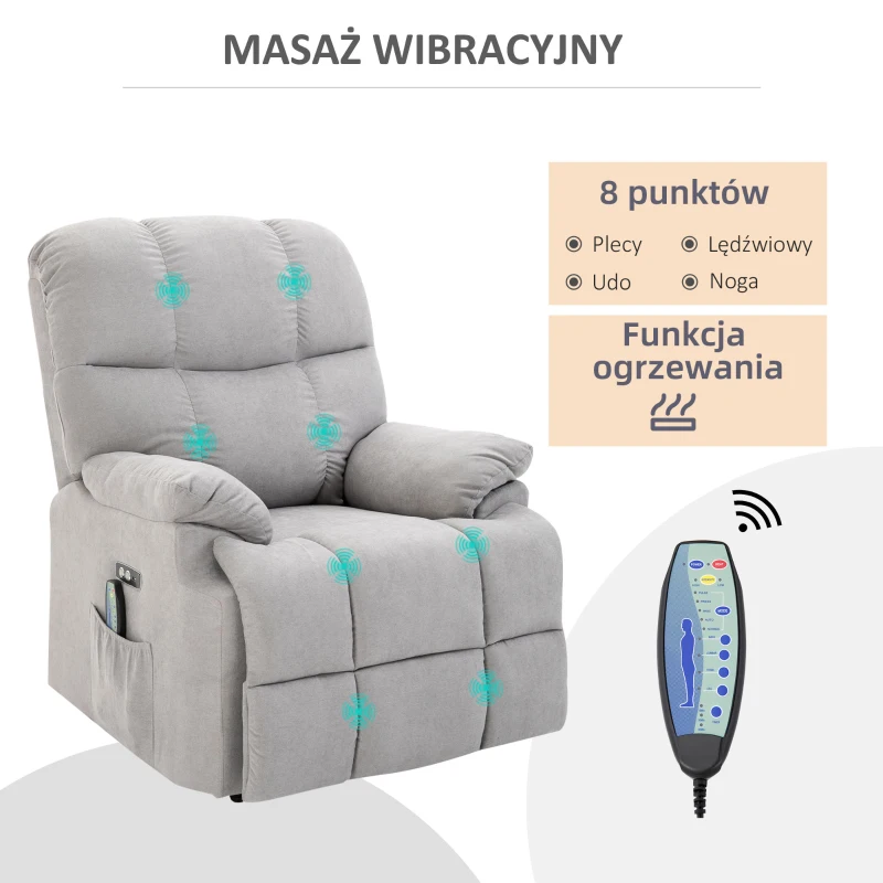 HOMCOM fotel do masażu z funkcją pomocy przy wstawaniu fotel relaksacyjny z funkcją ogrzewania regulowany kąt nachylenia USB pilot plusz krótkowłosy szary 80 x 97 x 104 cm