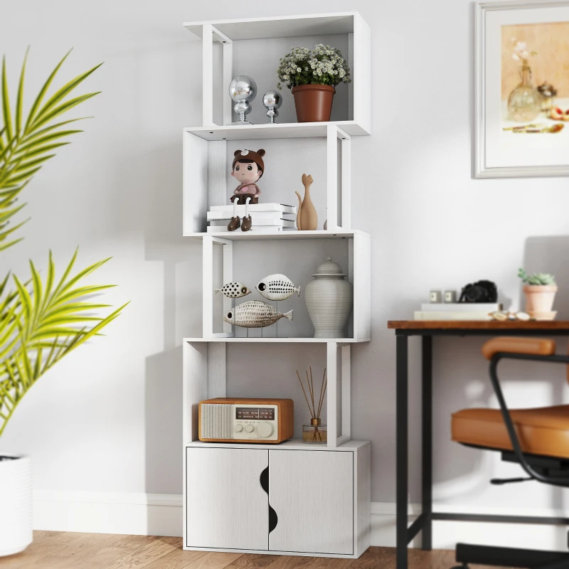 HOMCOM Estante de 5 Níveis em Forma de S Estante de Livros com 5 Prateleiras e 2 Portas 60x23,8x179,2 cm Branco