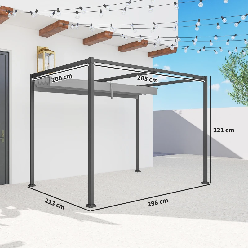 Outsunny Pérgola de Jardín 3x2m Cenador de Techo Retráctil de Poliéster Recubrimiento Resistente para Celebraciones Fiestas Gris