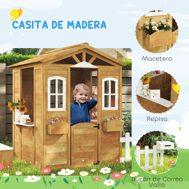 Outsunny Casita Infantil Exterior de Madera con Buzón Ventanas Jardinera Mostrador y Banco para Niños a Partir de 3 Años Natural