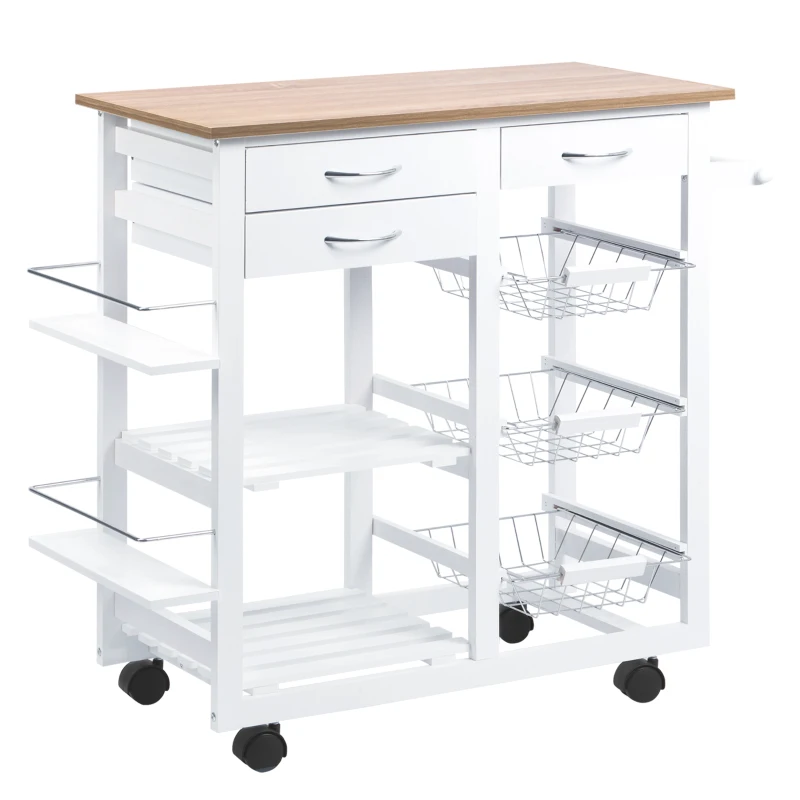 HOMCOM Carrito de Cocina Carro de Servicio Multifuncional con Cajones Cestas Estantes para Especias Toallero Ruedas 92x37x82 cm Blanco(m-10)