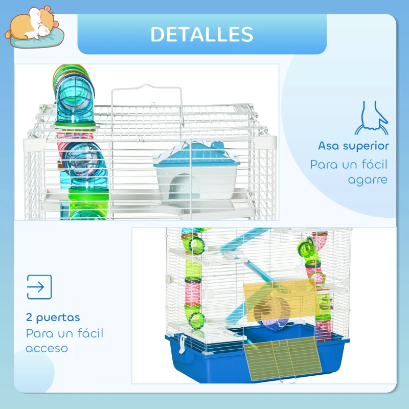 PawHut Jaula para Hámster con Túnel Plataformas Cuenco Bebedero Casita Rampas y Rueda de Ejercicio 59x36x69 cm Azul