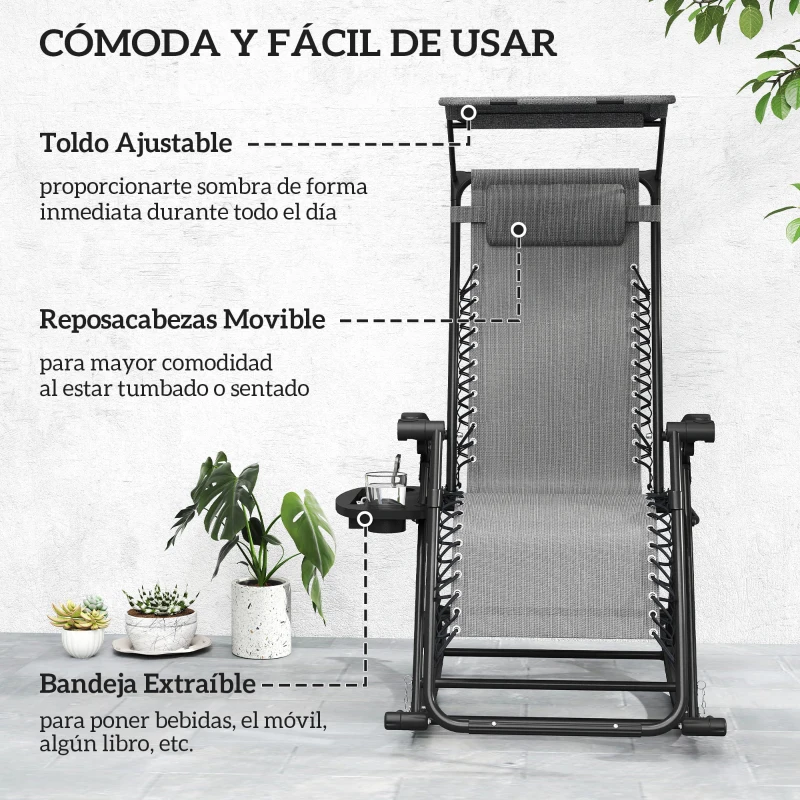 Outsunny Silla Mecedora de Jardín Plegable Tumbona Reclinable con Techo Protección Solar Reposacabezas Extraíble y Reposapiés Estructura de Acero 120x67x102 cm Gris