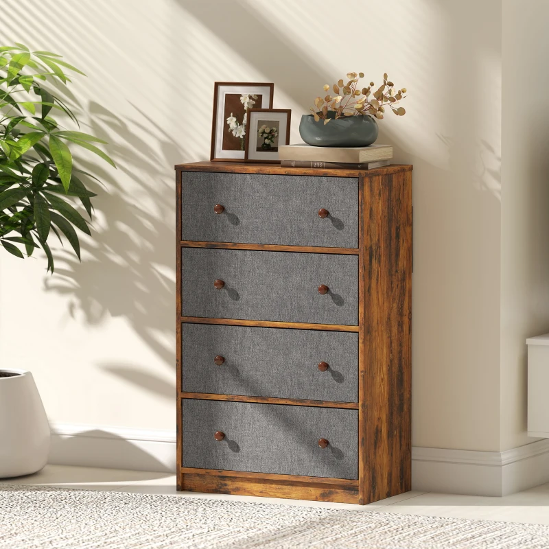 HOMCOM Chest of Drawers, Dresser with 4 Fabric Drawers - Grey and Rustic Brown