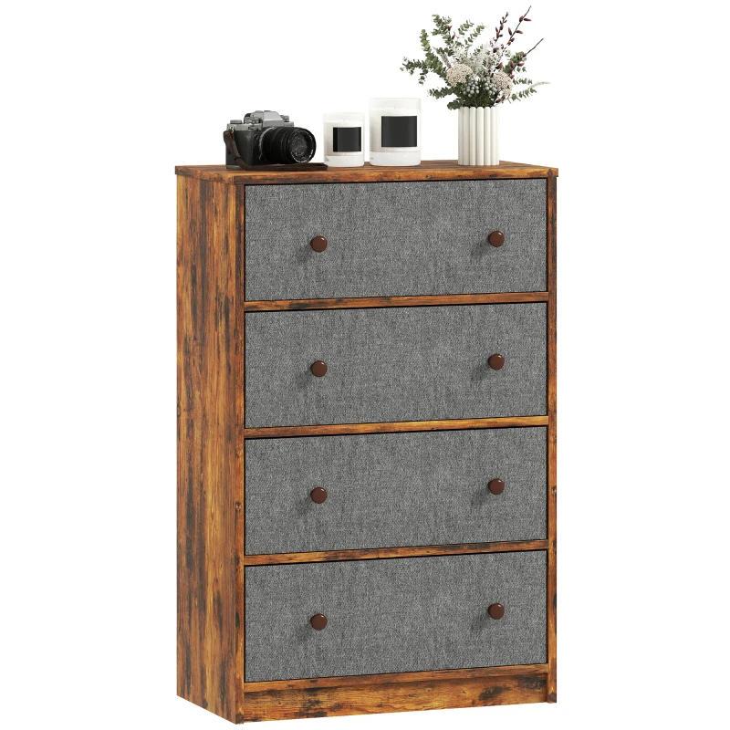 HOMCOM Chest of Drawers, Dresser with 4 Fabric Drawers - Grey and Rustic Brown