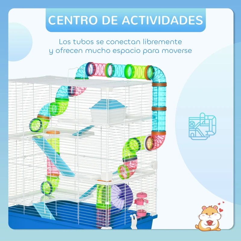 PawHut Jaula para Hámster con Túnel Plataformas Cuenco Bebedero Casita Rampas y Rueda de Ejercicio 59x36x69 cm Azul