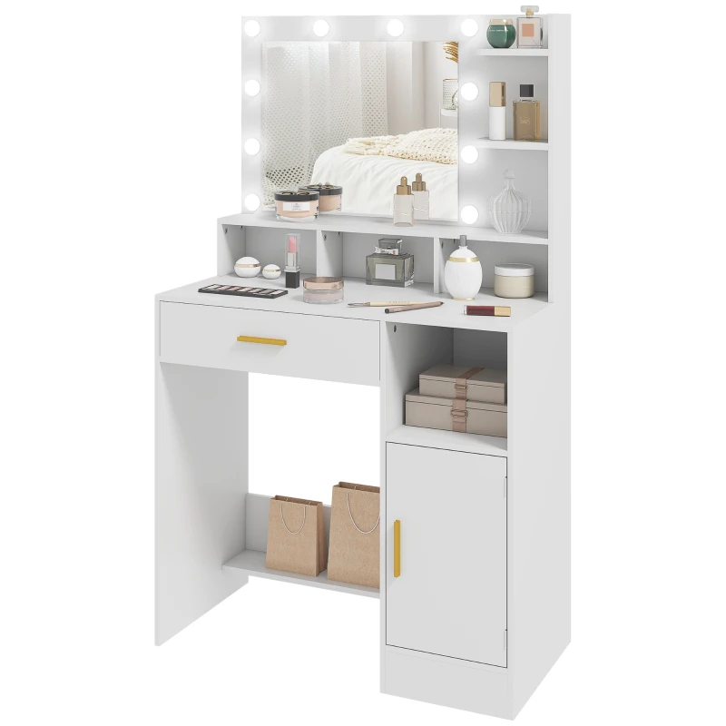 HOMCOM Mesa de Maquillaje con Espejo y 10 Luces LED Luminosidad Ajustable Cajón Armario y Estantes Abiertos 80x40x135 cm Blanco
