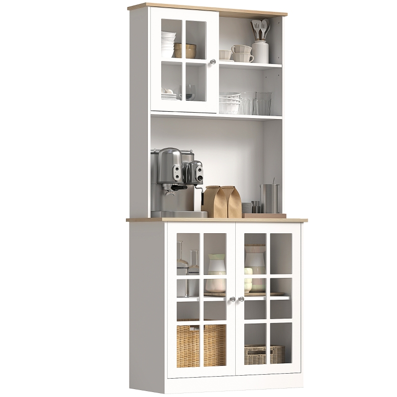 HOMCOM Buffet cuisine, meuble cuisine rangement haut, meuble de rangement avec plan de travail, 3 portes vitrées, 2 niches et étagères réglables, 80 x 37 x 183 cm, blanc chêne