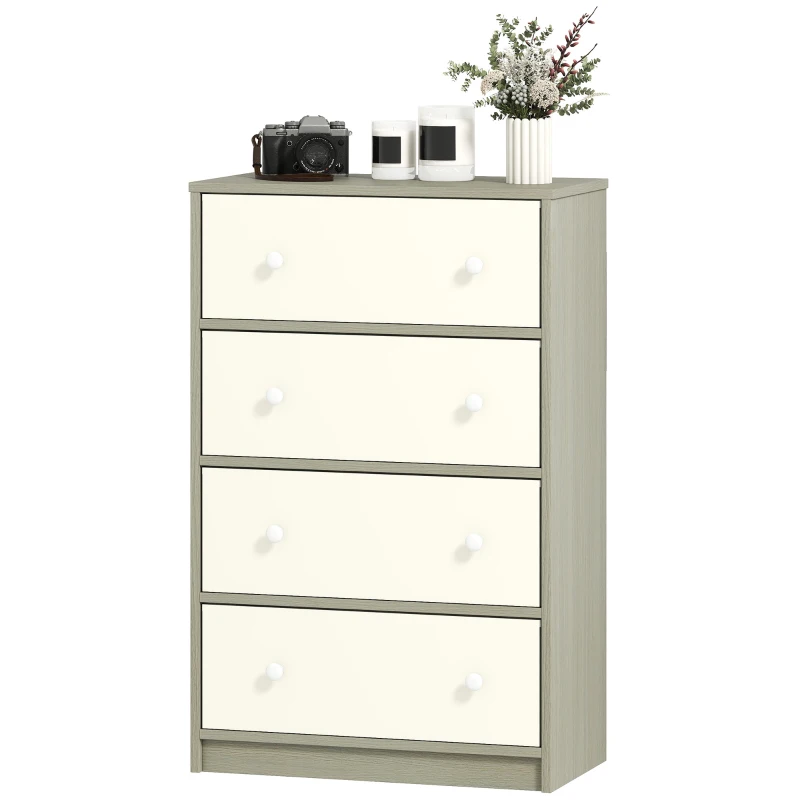 HOMCOM Commode 4 Tiroirs Pliables avec Poignées Doubles, en Bois, Acier et Tissu, 58x30x91 cm, Blanc et Gris