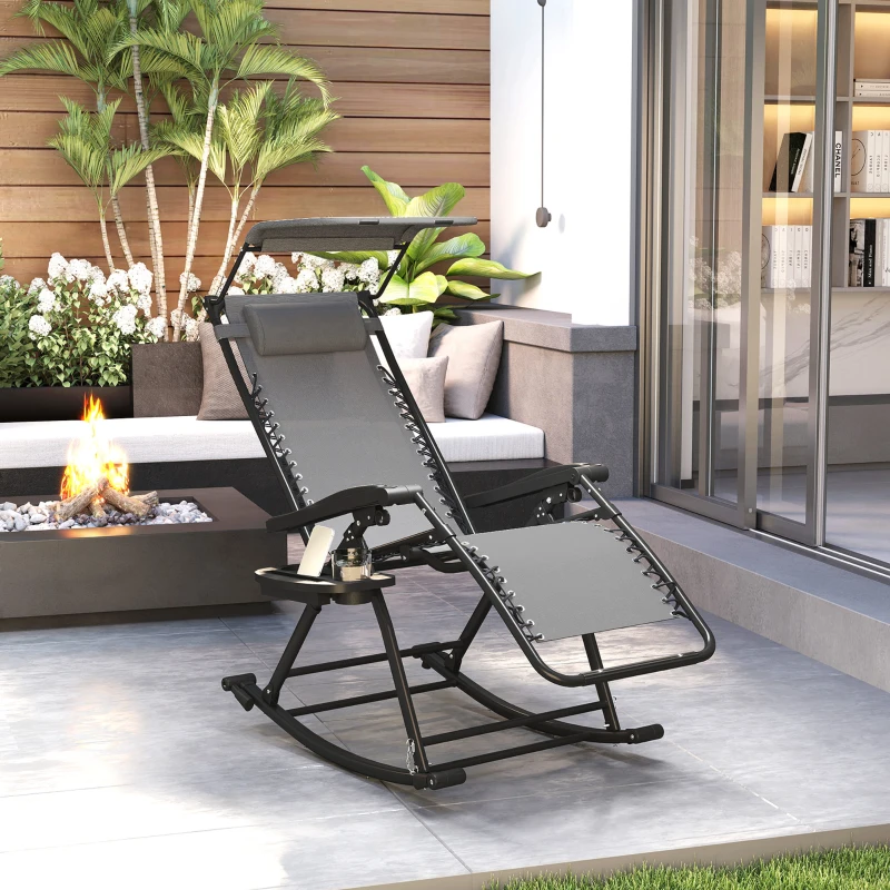 Outsunny Silla Mecedora de Jardín Plegable Tumbona Reclinable con Techo Protección Solar Reposacabezas Extraíble y Reposapiés Estructura de Acero 120x67x102 cm Gris