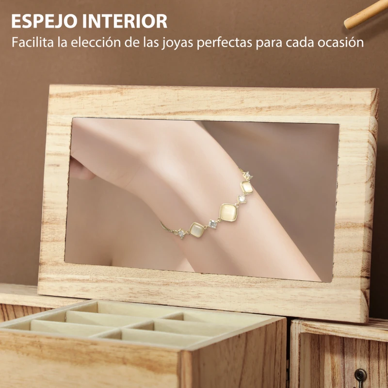 HOMCOM Joyero de Madera de 4 Niveles Joyero Mujer Organizador con 2 Cajones Espejo para Pendientes Anillos Collares Natural