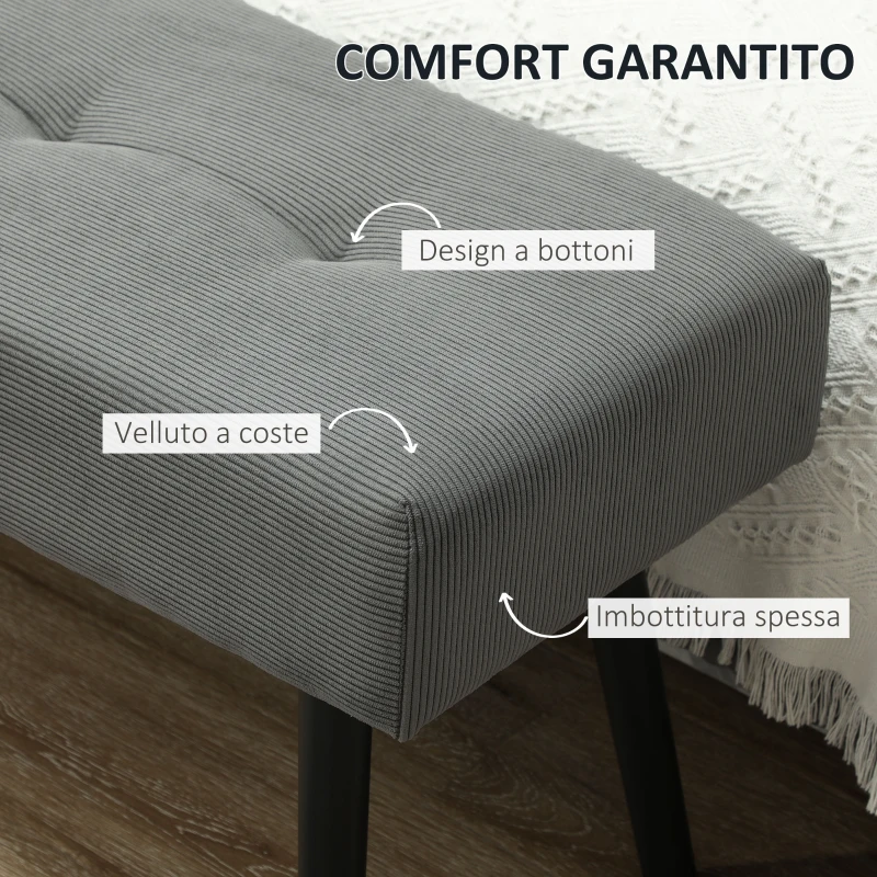 HOMCOM Panca Fondo Letto a Trapunta in Tessuto Effetto Velluto a Coste e Acciaio, 100x36x45 cm, Grigio