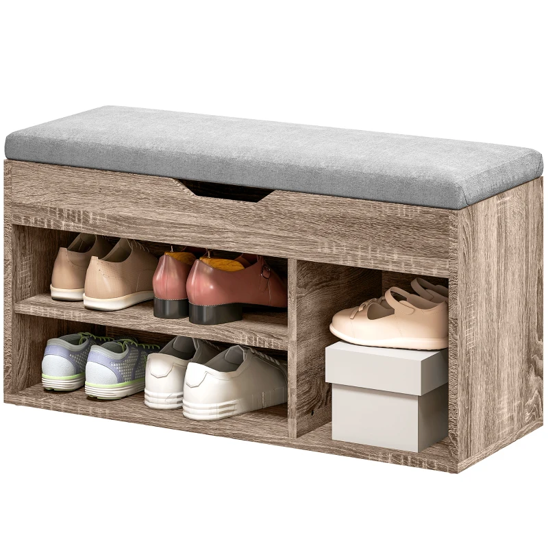 HOMCOM Shoes Cabinet Bench Hidden Storage Padded Seat Organiser Footwear Rack Hallway Grey Wood Grain