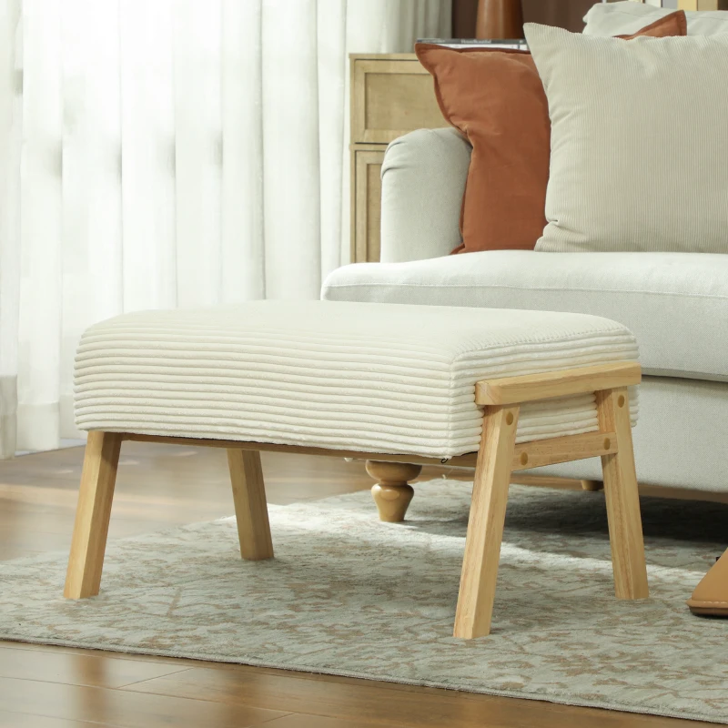 HOMCOM Taburete de asiento con cojín suave patas de madera reposapiés con diseño de cordón crema