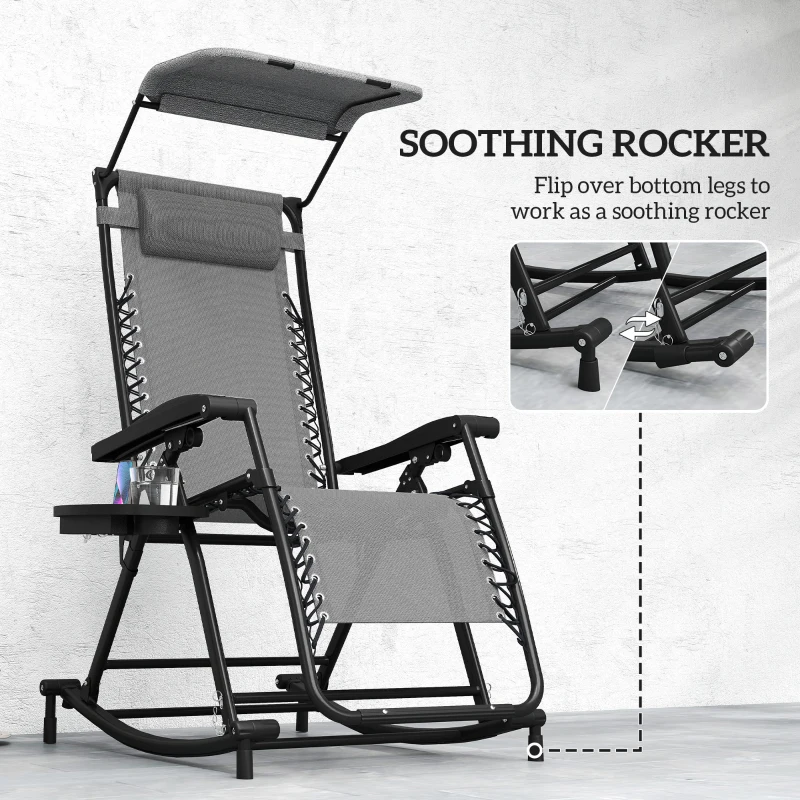 Outsunny Garden Rocking Chair Folding Recliner Outdoor Adjustable Sun Lounger Rocker Zero-Gravity Seat with Headrest Side Holder Patio Deck - Grey