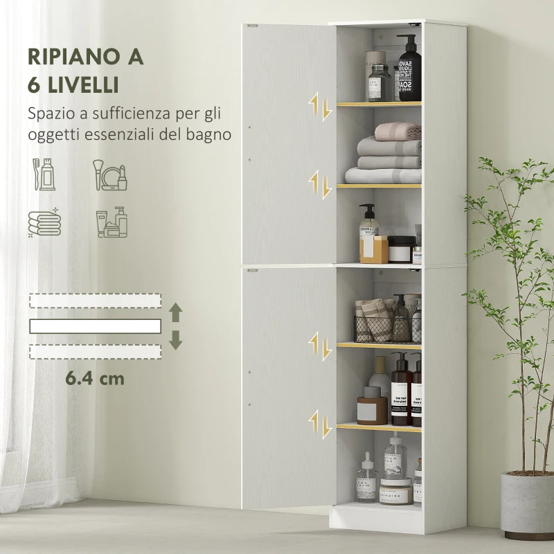 HOMCOM Mobile Colonna Bagno a 2 Armadietti con 6 Ripiani Regolabili, in Legno, 40x35x180 cm, Bianco