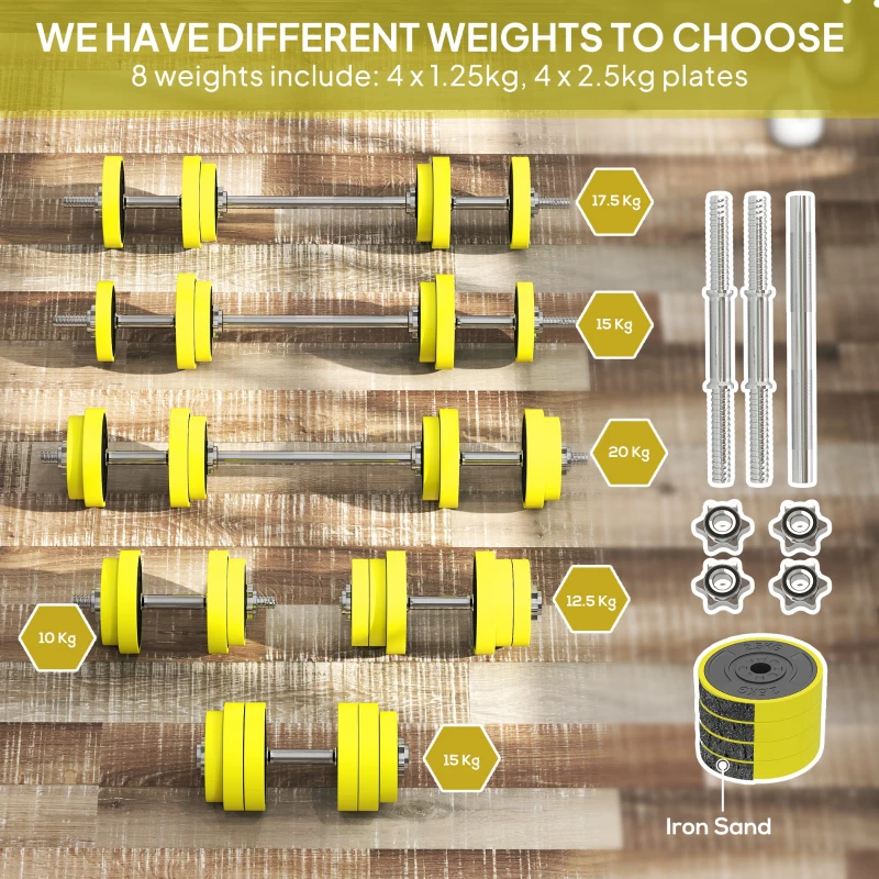 HOMCOM 20KGS 2-In-1 Dumbbell & Barbell Adjustable Set Strength Muscle Exercise Fitness Plate Bar Clamp Rod Home Gym Sports Area, Yellow