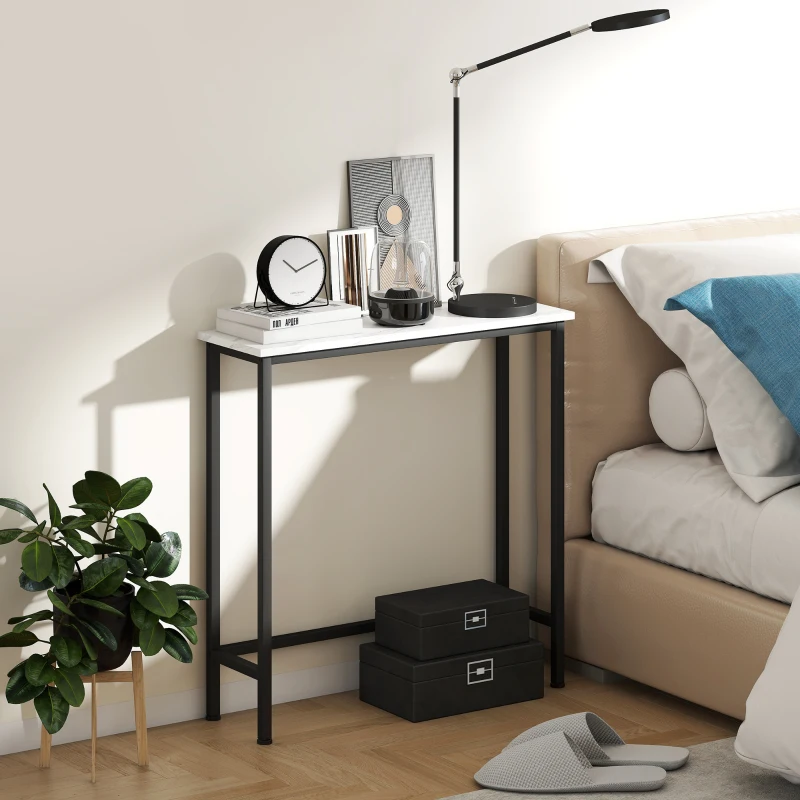 HOMCOM Eingangskonsolentisch Schmal mit Marmorierter Oberfläche und Metallrahmen 75x24x76 cm Weiß und Schwarz