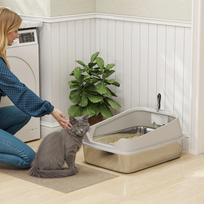 PawHut Litière pour Chats en Acier Inoxydable XXL avec Bord Haut Pelle Facile à Nettoyer Étanche 70x50x30 cm Gris