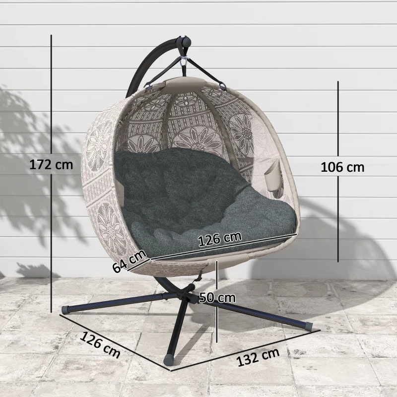 Outsunny Hängesessel mit Gestell, Eiförmiger Hängeschaukel mit abnehmbarem waschbarem Kissen, Hängematte für 2 Personen, Schaukelsessel Indoor Outdoor, Sand+Schwarz