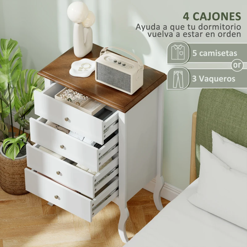 HOMCOM Cómoda de Dormitorio con 4 Cajones Diseño Anti-vuelco Cajonera para Salón Pasillo 60x40x98,5 cm Blanco y Roble