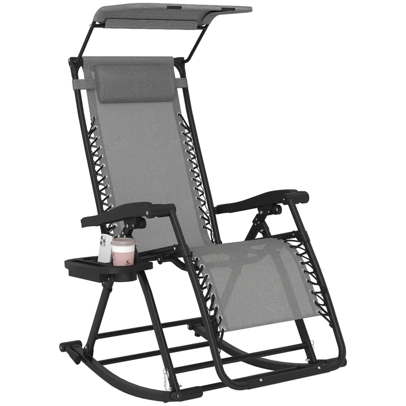 Outsunny Garden Rocking Chair Folding Recliner Outdoor Adjustable Sun Lounger Rocker Zero-Gravity Seat with Headrest Side Holder Patio Deck - Grey