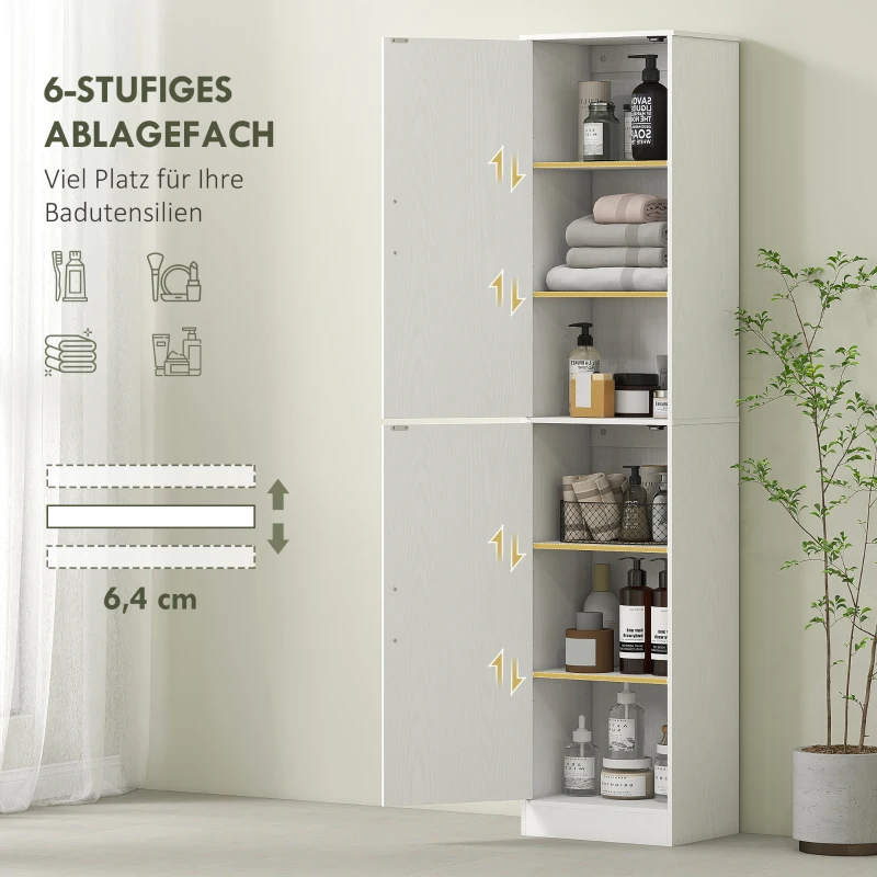 HOMCOM 180 cm hoher Badezimmerschrank, schmaler Badschrank mit 2 Türen, 4 verstellbare Regale, Spanplatte, MDF, Weiß