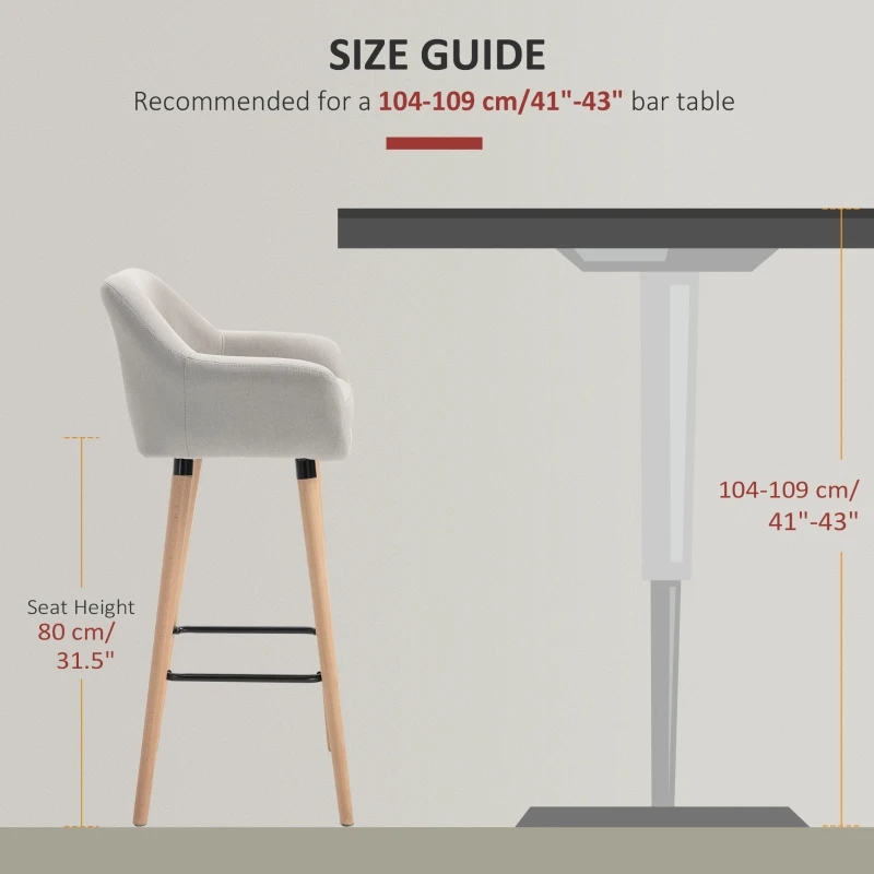 HOMCOM Set of 2 Bar Stools Modern Upholstered Seat Bar Chairs w/ Metal Frame, Solid Wood Legs Living Room Dining Room Fabric Furniture - Beige